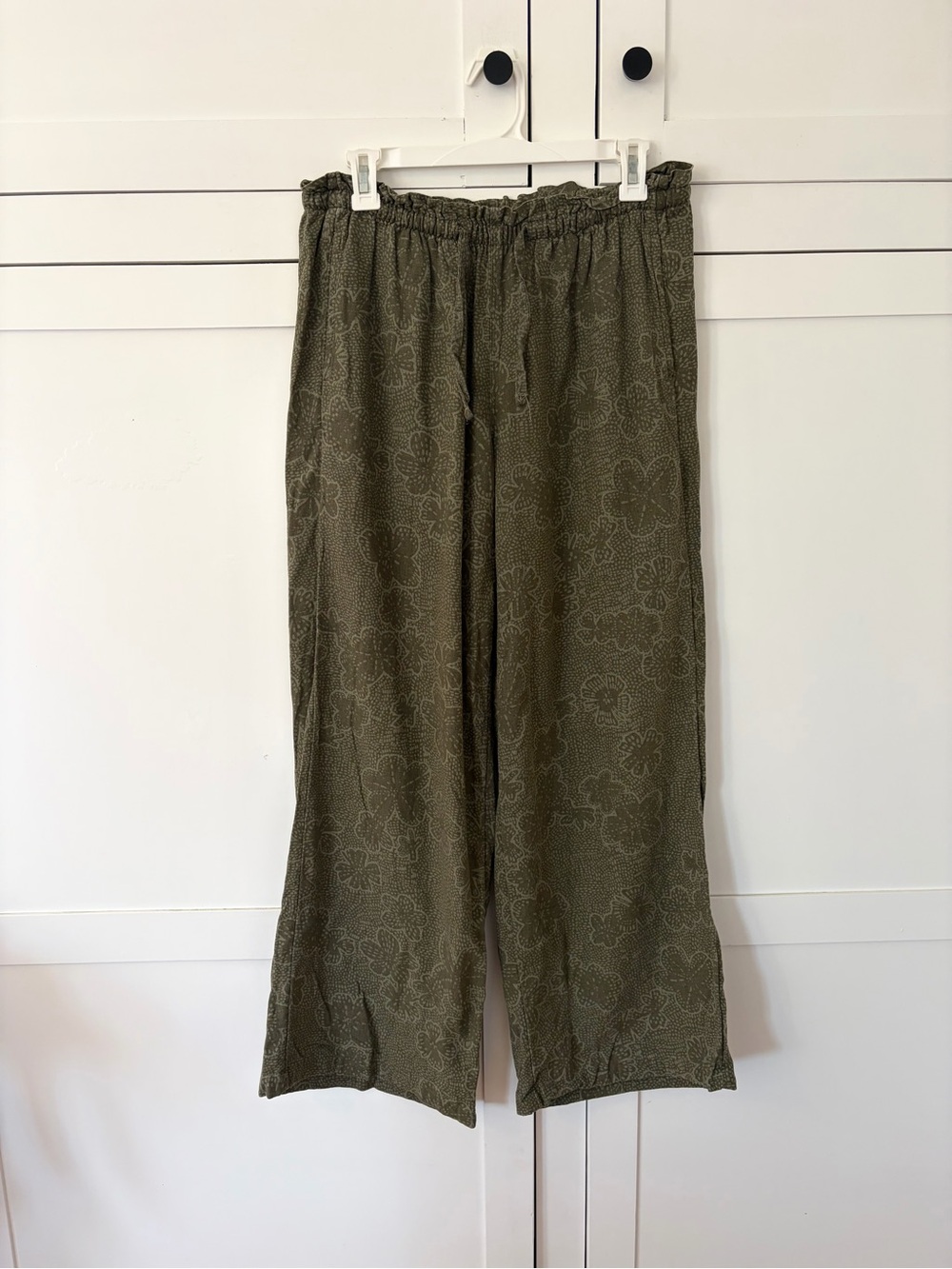 Sonoma Green Linen Floral Straight Drawstring Pants Size Small